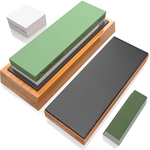 Sharp Pebble Knife Sharpening Stones Kit with 3000/8000 and Classic Leather Strop with Flattening Stone & Green Compound