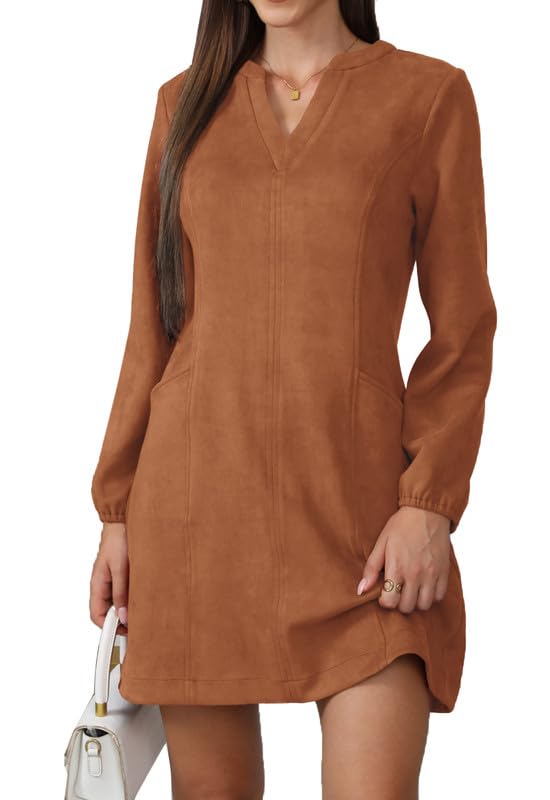 JayscreateEU Damen Kleid Mit Taschen Langarm V-Ausschnitt Herbstkleid Winterkleid Damen Knielang Tunika A Linien Shirtkleid Mit Taschen Langarm Autumn...