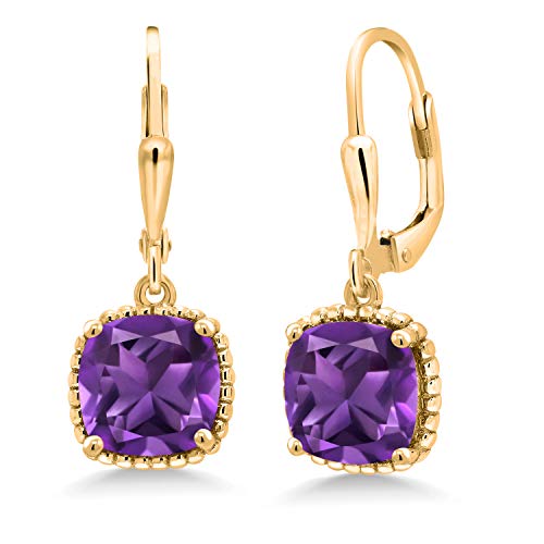 Gem Stone King 3-6 Cttw 18K Yellow Gold Plated Silver 8MM Cushion Gemstone Birthstone Drop Dangle Earrings | Leverback Gold Earrings For Women