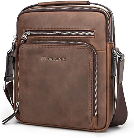 BISON DENIM Genuine Leather Crossbody Bag for Men Small Messenger Shoulder Bag Man Purse Crazy Horse Leather