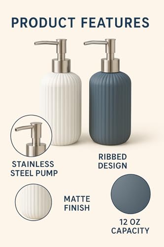 Image of LAGET 300ml Soap Dispenser for Wash Basin -Ribbed Design | Kitchen and Bathroom Accessories Items | Liquid Handwash Dispenser Bottle Chrome Finsih Top- Set of 2 (White and Metallic Blue)