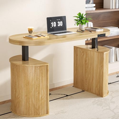 Image of Mid Century Modern Electric Standing Desk with Storage, 55 x 22 Inch Small Sit Stand Up Desk, Wood Adjustable Height Computer Executive Desk for Home Office, Laptop, Oak