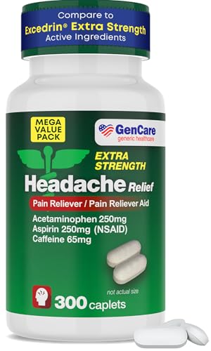 GenCare - Headache Relief Acetaminophen with Aspirin (NSAID) & Caffeine (300 Caplets) Value Pack | Head Pain Muscle Aches Back Pain & Body | Generic ExcedrEn Extra Strength