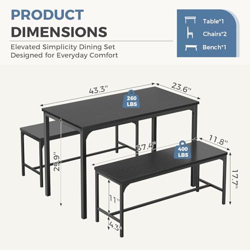 DUMOS Dining Table Set, Dining Table for 4 with Bench, Space-Saving Ideal 4-Person Set for Kitchen Apartment Corner Black 3 Pack - 1
