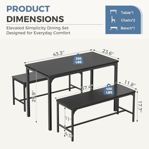 DUMOS Dining Table, Dining Table Set for 4 with Bench, Easy to Assemble Kitchen Table, Space-Saving Ideal 4-Person Set for Dining Room Kitchen Apartment Corner Black 3 Pack - Image 4