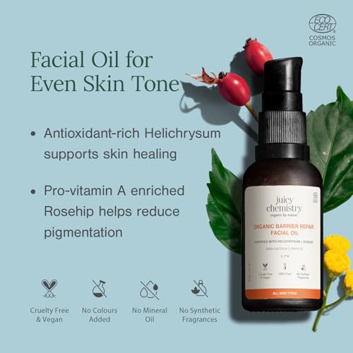 Image of Juicy Chemistry Organic Barrier Repair Facial Oil with Helichrysum + Rosehip, 30 ml | Repairs Skin Barrier | Reduces Pigmentation & Dark Spots | Boosts Glow | Promotes Even Skin Tone | Dermatologically Tested