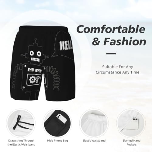 Short de plage noir imprimé robot haut de gamme avec maintien compression