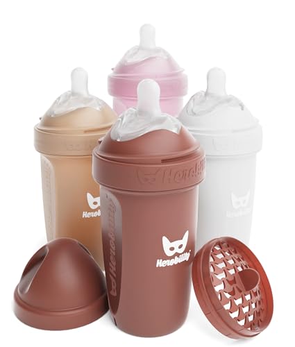 Image of Herobility Double Anti-Colic Baby Bottles – 8.5 fl oz/240ml – 4-Pack – Multicolor – Sand, Woodchuck, Pink, White
