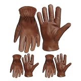 NBLEAGLO 3 Pairs Brown Leather Work Gloves For Men Durable Gardening Gloves Driver Gloves (Brown, Medium)