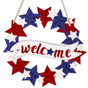4th/Fourth of July Decorations Welcome Wreath for Front Door – Wooden Red White and Blue Star Sign, Patriotic Memorial Day Porch Home Wall Outside Decor