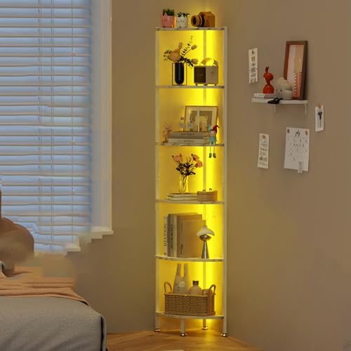 Estante esquinero de 6 Niveles, Estanteria Libros de 6 Niveles con Luz LED, Estanteria de Almacenamiento, Estantería para Plantas, para Sala de Estar, Dormitorio, Oficina 43x30x172cm (6 Niveles)