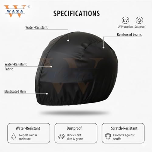 Image of Waza Helmet Cover for Motorcyclists & Cyclists -Waterproof Umbrella Fabric, Dustproof, Universal Fit with Adjustable Strap - Black Helmet Rain Cover