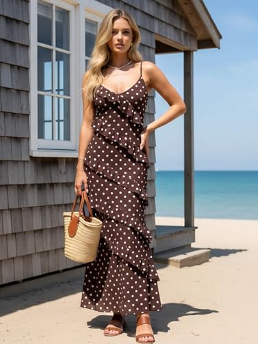 Image of HOCILLE Women's Sexy V Neck Backless Bodycon Spaghetti Strap Elegant Ruffle Maxi Cocktail Party Dresses