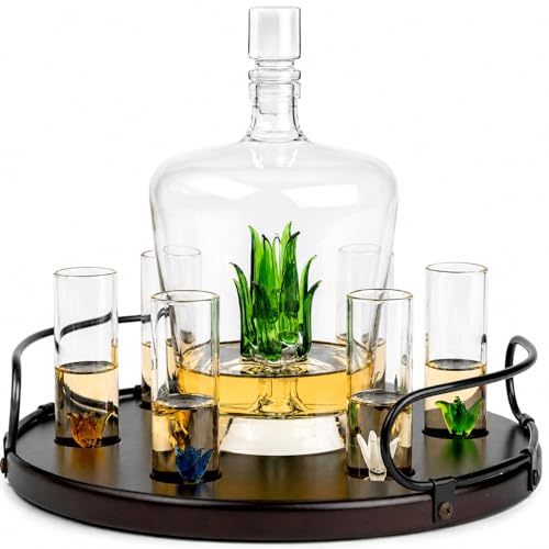 Tequila Decanter Tequila Glasses Set with Agave Decanter and 6 Agave Shot Glass With Stand Perfect for Gifts for Tequila Lovers 750mL Bottle 3 OZ Shot Glass Party Decorations Cinco De Mayo (Agave)