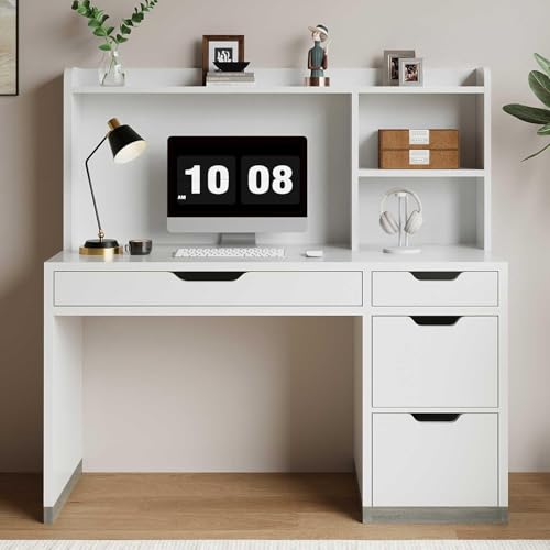 MaverickFurni White Desk with Hutch and Drawers, 53 Inch Com