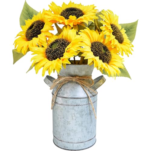 Winlyn Artificial Sunflowers in Rustic Galvanized Metal Milk Vase 12" Tall Farmhouse Centerpiece Yellow Silk Sunflower Stems Floral Arrangements for Country Fall Wedding Home Kitchen Table Décor