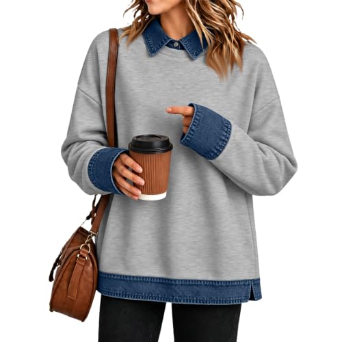 Women Polo Shirt Button Denim Patchwork Lapel Collar Long Sleeve Tops - image 1