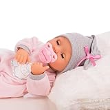 Bayer Design 93829AA My Piccolina Interactive Puppe mit Funktion, sprechend, Babypuppe bewegt den Mund, 38 cm, Schnuller, Flasche, Rosa, Grau