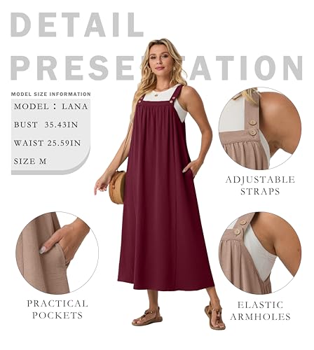 Lepunuo Overall Dress for Women Summer Long Dresses Adjustable Jumpers Casual Cover up with Pockets A - Wine Red — view 4