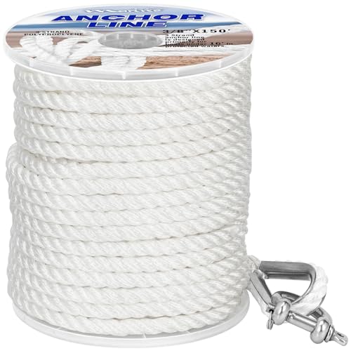 Boat Anchor Line 3 Strand Anchor Rope Black White Grey 3/8 Inch 50FT 100FT 150FT with Stainless Steel Thimble and Shackle for Boat (3/8