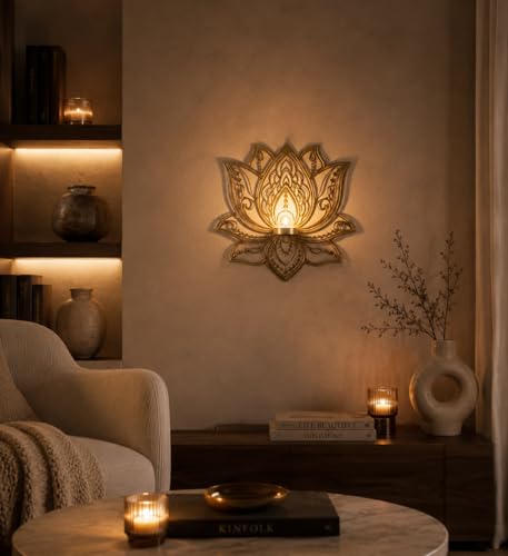 Image of Wall Hanging Lotus Candle Stand - Elegant Metal Lotus Design for Tealight & Votive Candles | Stunning Home Decor Accent for Living Rooms, Bedrooms, and Meditation Spaces