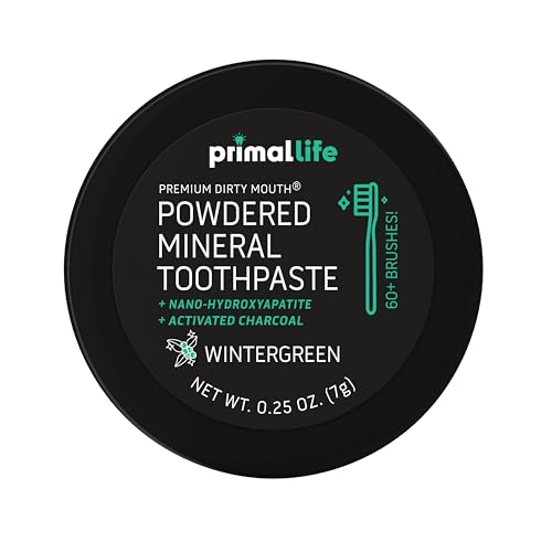 Image of Primal Life Organics - Dirty Mouth Toothpowder, Activated Charcoal Tooth Cleaning Powder, Essential Oils Natural Kaolin Bentonite Clay, 60+ Brushings, Organic Vegan (Charcoal Wintergreen, 0.25 oz)
