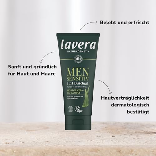 lavera Men sensitiv 3in1 Duschgel - erfrischend & belebend - für empfindliche Haut - Bio-Bambus & Bio-Aloe Vera - vegan - Naturkosmetik - 200 ml