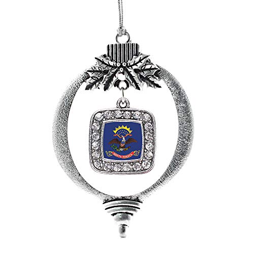 Inspired Silver - North Dakota Flag - Silver Christmas Ornament - Square Charm Christmas Tree Ornament with Cubic Zirconia - Holiday Hanging Decoration