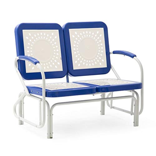 Retro Vintage Style Blue White Metal Patio Glider Bench Sofa Settee Outdoor Furniture