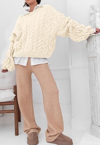 PRETTYGARDEN Womens Sweaters Spring 2026 Cable Knit Long Sleeve Crewneck Oversized Sweater Chunky Pullover Loose Outfits (Light Apricot, Medium) — view 6
