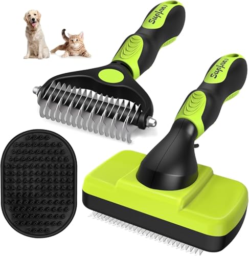 3PCS Self Cleaning Slicker Brush & Pet Grooming Rake & Bath Brush for Dogs,Cats and Horses | Double-Sided Dematting Comb & Skin Friendly Deshedding Grooming Tool | Premium Pet Supplies(Green Black)