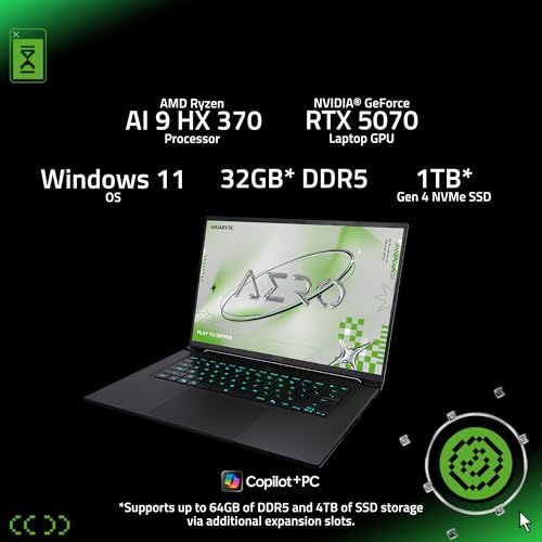 GIGABYTE AERO X16; Copilot+ PC - 165Hz 2560x1600 WQXGA - NVIDIA GeForce RTX 5070 - AMD Ryzen AI 9 HX 370-1TB SSD con 32GB DDR5 RAM - Windows 11 Home - Lunar White AERO X16 2WHA3USC64DH - Notebook - Immagine 1