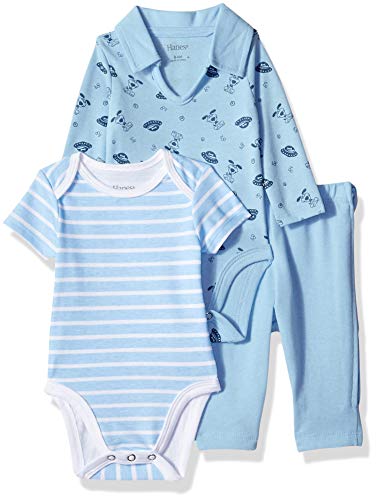 Hanes Ultimate Baby Zippin Pant with Short and Long Sleeve Polo Bodysuits Set, Light Blue, 12-18 Months