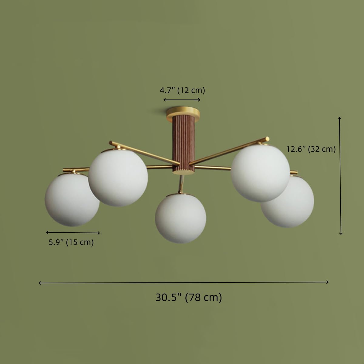 Milk Glass Globe Chandelier Brass 3-Light Modern Sputnik Globe Semi Flush Mount Ceiling Light Gold Mid Century Dining Room Light Fixture with Natural Wood Center Column