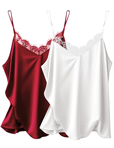 Image of Ekouaer Women's Satin Lace V Neck Camisole Tops Pajama | Women's Satin Camisole Lace Pajama Tank Tops V Neck Soft Spaghetti Strap Loose Sleepwear