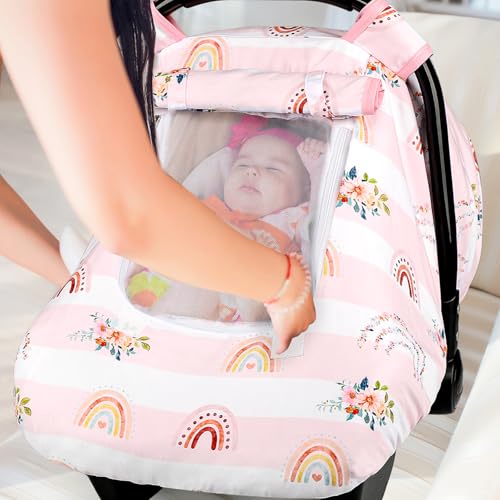 Image of Pea Pod Car Seat Cover Baby, Infant Car Seat Canopy Covers for Newborn with 2 Layers Windows of Breathable Mesh Fabric, Lightweight Polyester /Soft Minky Dot Backing (Floral & Rainbow)