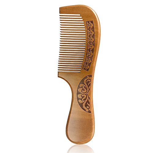 Wapodeai Carving Flouers Wooden Comb, Hair Combs for Women, Premium Anti-Static Peach Wood Hair Comb, Fine Tooth.
