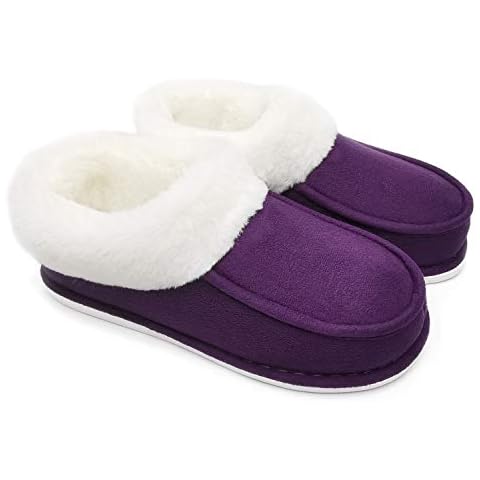 ofoot Womens Winter Warm Faux Suede Plush Moccasins Slippers Indoor Slip On Shoes with Soft Comfortable Fluffy Fur Lining (Purple, US 10-11) Cover