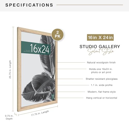 MCS Studio Gallery 16x24 Poster Frame Natural Woodgrain, Vertical & Horizontal Wall Hanging Large Picture Frame for Photos, Posters & Art Prints (2-Pack)