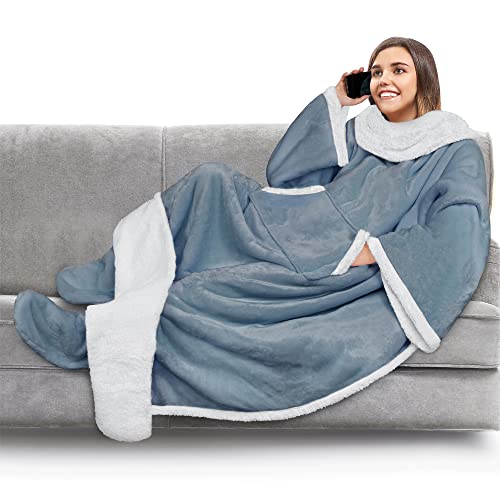 PAVILIA Sherpa Blanket with Sleeves Foot Pocket for Women Men Adults Thick Wearable Blanket Throw Wrap Fleece Warm Snuggle Blanket Robe Cozy Gift Ideas Wife Mom Blue