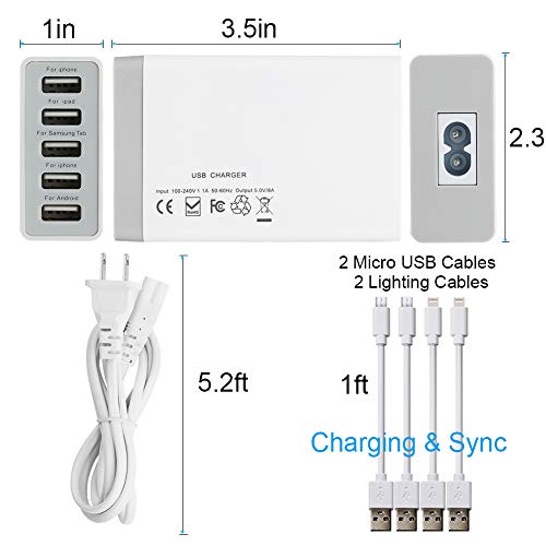 Bamboo Charging Station for Multiple Devices with 5 Port USB Charger, 5 Charger Cables and Apple Watch Stand. Wood Desktop Dock Stations Electronic Organizer for Cell Phone, Tablet, Watch, Office