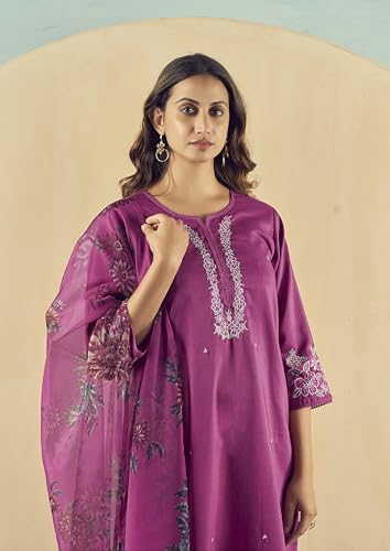 Image of INDO ERA Rayon Pink Straight Embroidered Kurta With Pant & Dupatta Set For Women