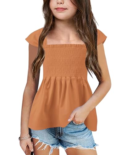 Image of Bingerlily Girls Summer Casual Tops Square Neck T Shirts Cute Smocked Top Tees