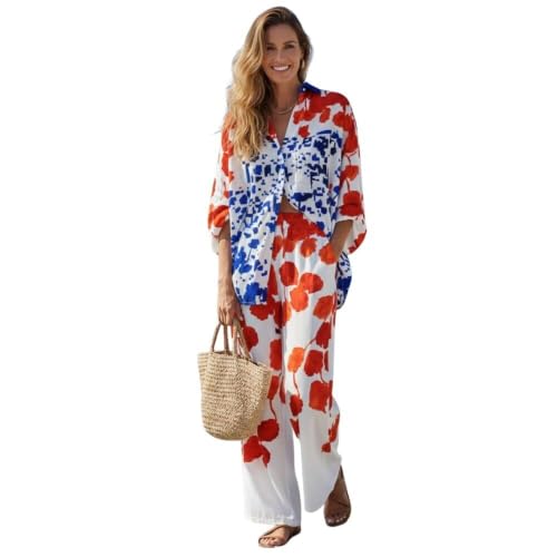 Conjunto playero de mujer con camisa larga y pantalón ancho holgado para vacaciones en el resort
