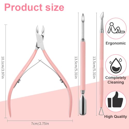 Ruayia 3 Stück Nagelhautzange Set, Nagelhaut Trimmer mit Nagelhautentferner, Edelstahl Nagelhautschieber und Nagelhautzange und Nagelschaber, Professionelles Werkzeug für Maniküre und Pediküre - Rosa