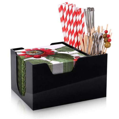 Bar Napkin Holder Caddy for 5x5 with 2 Compartments Acrylic Bar Caddy Napkin & Straw Holder Black Cocktail Napkin Holder Bar Organizer Holds Napkins Straws Toothpicks for Coffee Bar 7 x 5.5 × 4 Inch