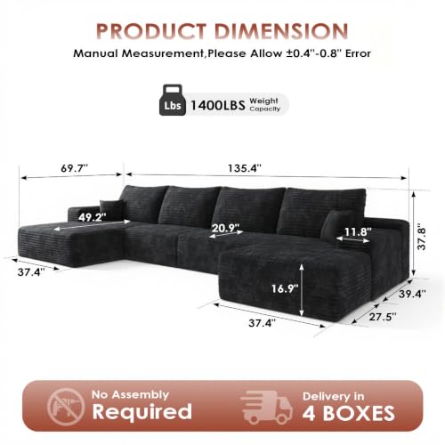 Image of Boneless Couch, Modular Sectional Couches for Living Room, U-Shaped Cloud Couch Sofa with Deep Seat, Fluffy Corduroy Upholstered Corner Sofa