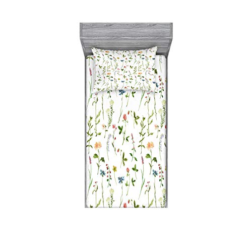 Ambesonne Floral Fitted Sheet & Pillow Sham Set, Spring Season Themed Watercolor Painting Of Herb Flower Botanical Garden Artwork, Decorative Printed 2 Piece Bedding Decor Set, Twinxl, Green Off White #TOP17