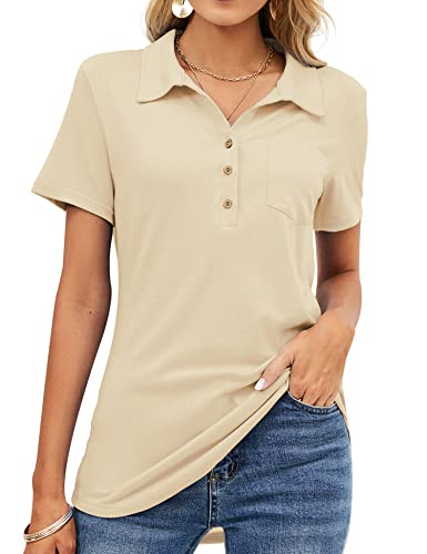Tfsdod Womens Fashion Summer Collared Polo Tops Short Sleeve T-Shirts Relaxed Fit Work Tunic Blouse With Pocket Apricot M #TOP6