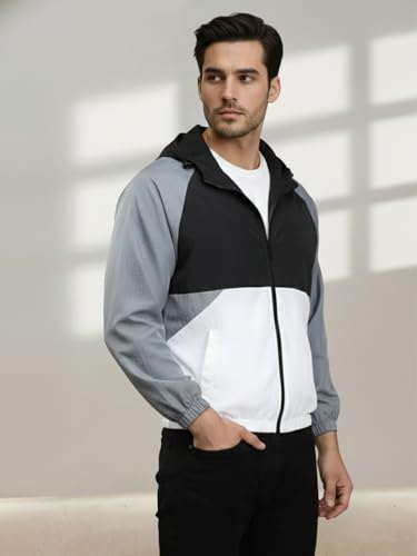 Image of CHKOKKO Mens Stylish Oversized Windcheater Jacket with Zip Closure Lightweight Sportswear for Running Travel Hiking Outdoor and Rainy Season Wear BlackWhiteGREY XXL